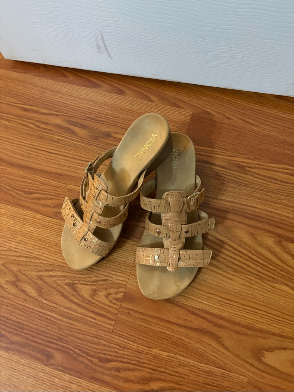 Vionic Cork-Textured Triple-Strap Mules in Natural Tan